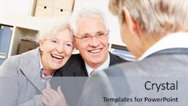  Presentation with legal - PPT theme with happy senior couple getting legal consultation at lawyer background and a light gray colored foreground