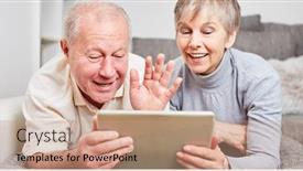  Presentation with senior living - Audience pleasing presentation design consisting of happy-senior-couple-having-video backdrop and a coral colored foreground