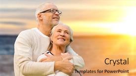  Presentation with old people - Slides enhanced with happy senior couple over sun background and a coral colored foreground