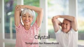  Presentation with stretching - PPT theme enhanced with happy senior couple performing stretching background and a coral colored foreground