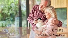  Presentation with senior living - Presentation design enhanced with happy senior couple retired couple with cat in living room background and a coral colored foreground