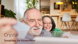  Presentation with online shopping - PPT theme having happy-senior-couple-shopping-online background and a coral colored foreground