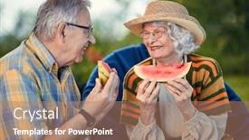  Presentation with senior couple - Audience pleasing PPT theme consisting of happy senior couple smiling mature couple eating watermelon backdrop and a coral colored foreground