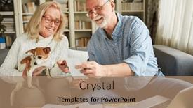  Presentation with bookkeeping - PPT theme having happy-senior-couple-sorting-receipts background and a coral colored foreground