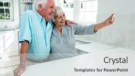  Presentation with senior smart home - Audience pleasing PPT theme consisting of happy senior couple taking selfie through smart phone in kitchen at home backdrop and a light gray colored foreground