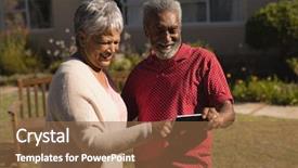  Presentation with senior couple - Presentation design featuring happy senior couple using mobile background and a tawny brown colored foreground