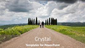  Presentation with tuscany - Presentation having happy senior couple walking in beautiful green landscape in tuscany italy background and a coral colored foreground