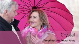  Presentation with under umbrella - Cool new theme with happy senior couple with bouquet of flowers standing under umbrella backdrop and a coral colored foreground