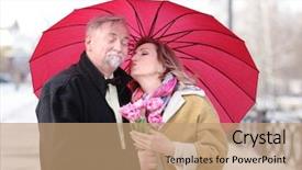  Presentation with under umbrella - Amazing presentation having happy senior couple with bouquet of flowers standing under umbrella backdrop and a coral colored foreground