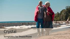  Presentation with active seniors senior couple - Slide deck consisting of happy senior couple with crimson background and a mint green colored foreground