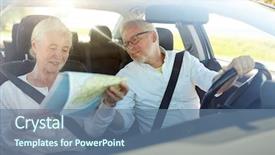  Presentation with old people - Presentation design having happy senior couple with map background and a ocean colored foreground