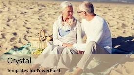  Presentation with shells beach summer holiday - Slide deck enhanced with happy senior couple with picnic background and a  colored foreground