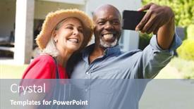  Presentation with retirement garden - PPT theme featuring happy-senior-diverse-couple-taking background and a seafoam green colored foreground