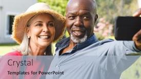  Presentation with retirement garden - Presentation theme having happy-senior-diverse-couple-taking background and a light blue colored foreground