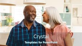  Presentation with happy retirement - Presentation design enhanced with happy-senior-diverse-couple background and a navy blue colored foreground