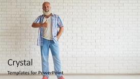  Presentation with white brick - Cool new PPT theme with happy senior dressed fashionably standing and showing thumbs up white brick wall on background backdrop and a light gray colored foreground