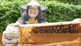  Presentation with honey bee kids - Theme having happy-senior-female-beekeeper-examining background and a gold colored foreground