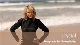 Presentation with female - Theme with happy senior female surfer standing background and a  colored foreground