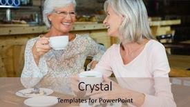  Presentation with coffee - Slide deck with happy senior friends having coffee background and a  colored foreground