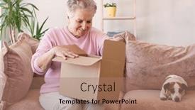  Presentation with older woman - Presentation design enhanced with happy-senior-grey-haired-woman background and a  colored foreground