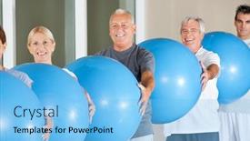  Presentation with senior fitness - Presentation theme featuring happy senior group doing fitness exercises with blue gym balls background and a light blue colored foreground