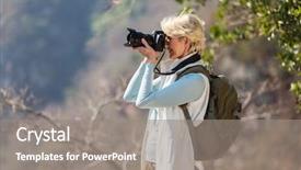  Presentation with 75th birthday photos heading - Colorful presentation theme enhanced with happy senior hiker taking photos backdrop and a gray colored foreground