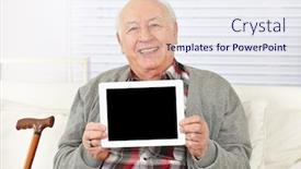  Presentation with tablet - Audience pleasing presentation design consisting of happy-senior-holds-up-tablet backdrop and a sky blue colored foreground