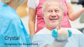  Presentation with senior care - Presentation theme enhanced with happy senior in dumbbell training background and a light blue colored foreground