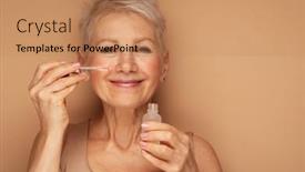  Presentation with beauty cosmetic - Slide set with happy-senior-lady-applies-cosmetic background and a coral colored foreground