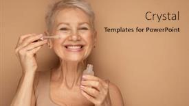  Presentation with serum - Presentation having happy-senior-lady-applies-cosmetic background and a coral colored foreground