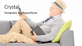  Presentation with sms - Presentation consisting of happy senior lying on couch and typing an sms isolated on white background background and a sky blue colored foreground