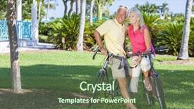  Presentation with cycling - Audience pleasing slide deck consisting of happy senior man and woman couple together cycling on bicycles in a sunny green tropical park backdrop and a tawny brown colored foreground