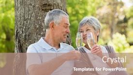 Presentation with flutes - Cool new PPT theme with happy-senior-man-and-woman backdrop and a coral colored foreground