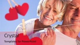  Presentation with giving - Amazing presentation having happy senior man giving his partner a piggy back against hearts hanging on a line backdrop and a red colored foreground