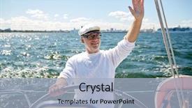  Presentation with boat tourism - PPT theme consisting of happy senior man in captain background and a light blue colored foreground