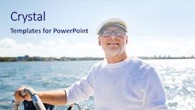  Presentation with boat tourism - Audience pleasing theme consisting of happy senior man in captain backdrop and a sky blue colored foreground