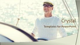  Presentation with boat tourism - PPT theme featuring happy senior man in captain background and a cream colored foreground