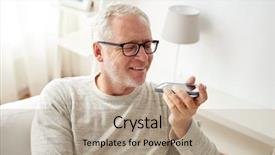  Presentation with lifestyle - Beautiful presentation design featuring happy senior man using voice backdrop and a coral colored foreground