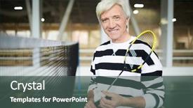  Presentation with badminton - Presentation theme with happy senior man with badminton background and a dark gray colored foreground