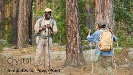  Presentation with hike forest - PPT theme having happy-senior-man-with-trekking background and a coral colored foreground