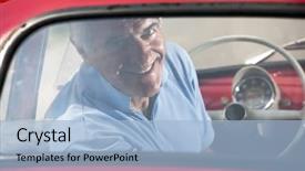  Presentation with vintage car - Slide deck with happy senior man in a vintage car background and a light blue colored foreground