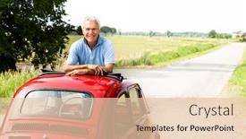  Presentation with vintage car - Slide deck having happy senior man in a vintage car background and a lemonade colored foreground