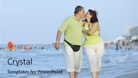  Presentation with romantic beach - Slides enhanced with happy senior mature elderly people couple have romantic time on beach at sunset background and a light blue colored foreground