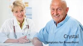  Presentation with doctor patient relations - Colorful PPT theme enhanced with happy senior patient and doctor backdrop and a light blue colored foreground
