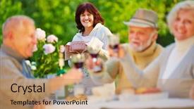  Presentation with happy birthday cake - Slide deck with happy senior people celebrating birthday background and a coral colored foreground