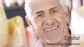  Presentation with salesman - Beautiful slides featuring happy senior salesman in cheese shop backdrop and a coral colored foreground