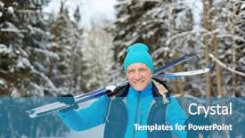  Presentation with winter forest - PPT theme enhanced with happy senior sportsman with skis background and a teal colored foreground