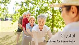  Presentation with strength - PPT theme featuring happy-senior-team background and a coral colored foreground