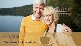  Presentation with tourists - Beautiful theme featuring happy senior tourists in fashionable clothing embracing and smiling at camera while standing on pier and looking at camera they resting in country backdrop and a yellow colored foreground