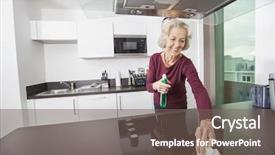  Presentation with cleaning - Audience pleasing PPT layouts consisting of happy senior woman cleaning kitchen backdrop and a  colored foreground